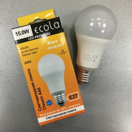 Лампа св/д Ecola ЛОН А60 Е27 9.2W 4000К