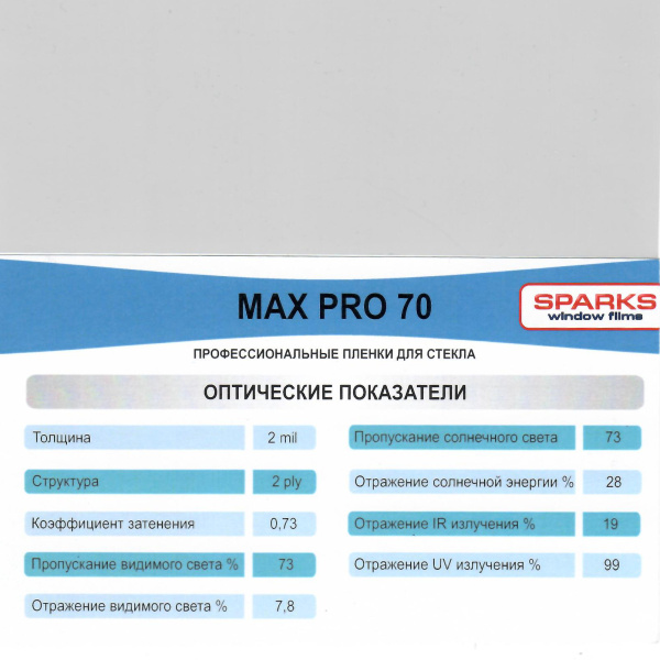 Тонировочная Sparks MAX PRO 70 автомобильная пленка  (1,524*30м.) Тонировочная Sparks MAX PRO 70 автомобильная пленка  (1,524*30м.)